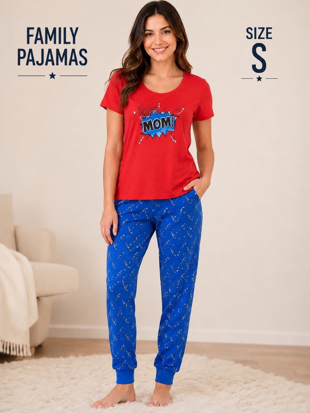 Family Pajamas cozy Super Mom Red & Blue Pajama Set - Size S